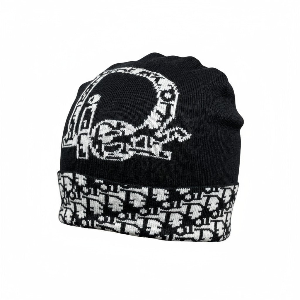 🖤 Dior Black Knit Beanie | Christian Dior Oversized “D” Logo Hat