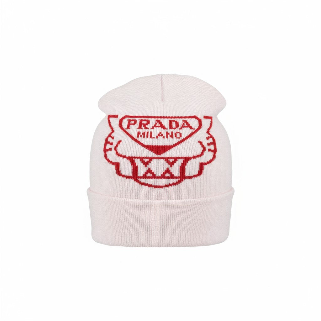 🤍 Prada Milano White & Red Beanie | Luxury Knit Winter Hat
