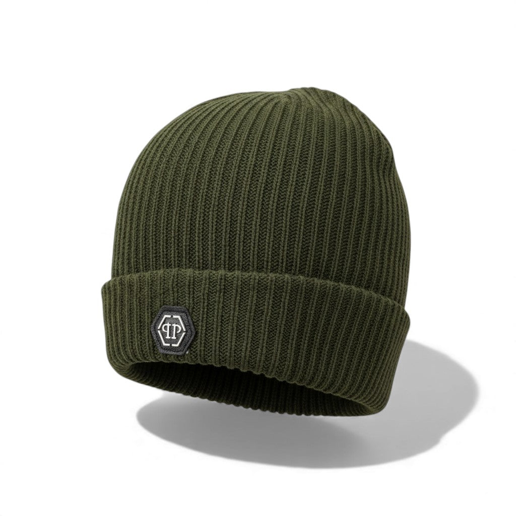 💀 Philipp Plein Army Green Beanie | Luxury Ribbed Knit Hat