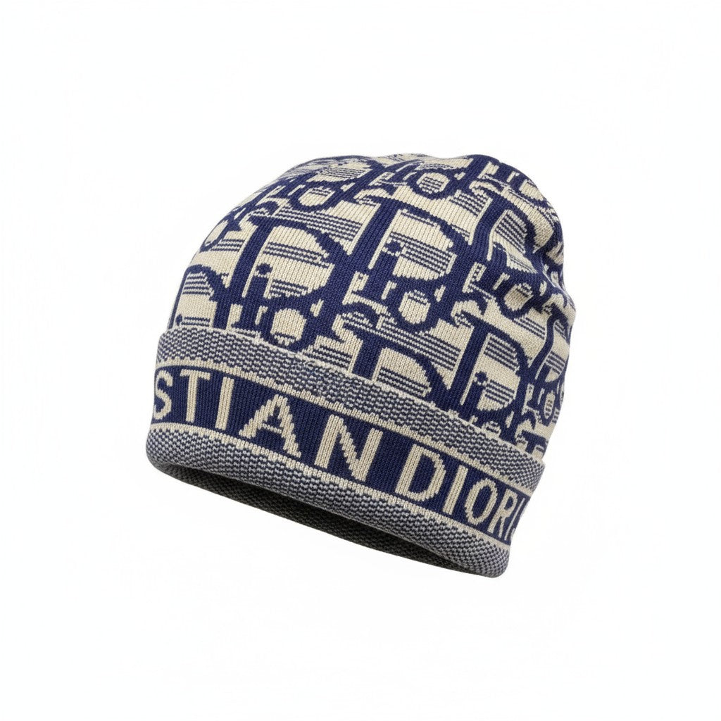 💙 Dior Navy & Beige Monogram Beanie | Christian Dior Knit Logo Hat