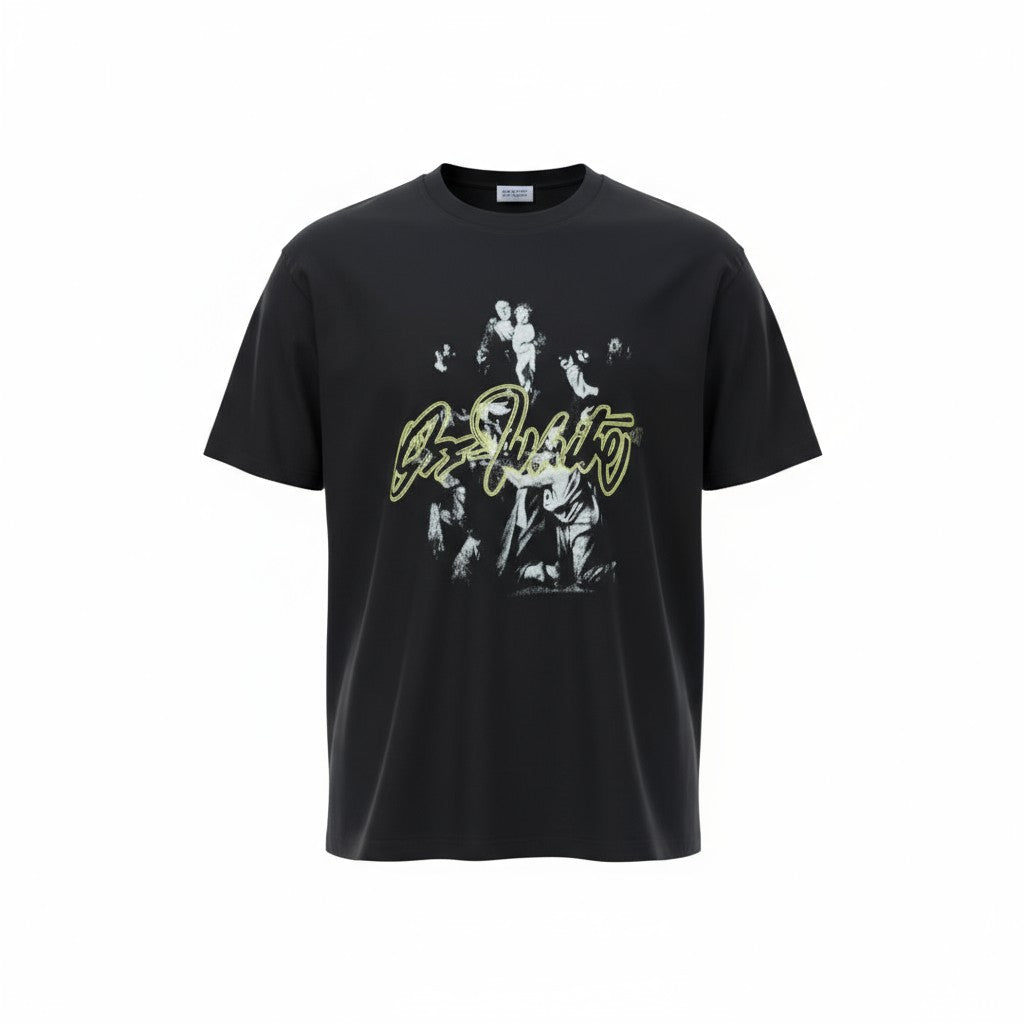 🎨 Off-White Baroque Art Graphic Tee – Black with Script Logo 🖤🖌️