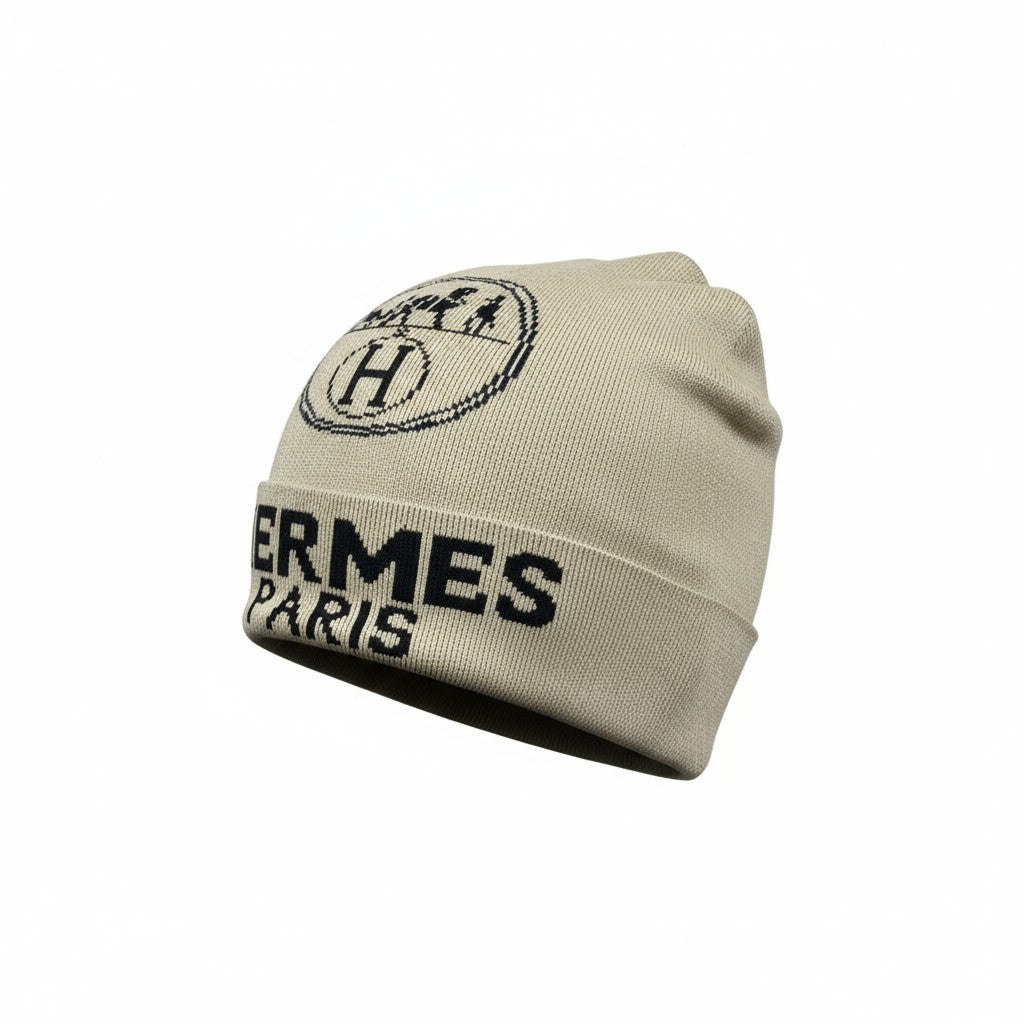🤍 Hermès Paris Beige Knit Beanie | Iconic “H” Logo Winter Hat