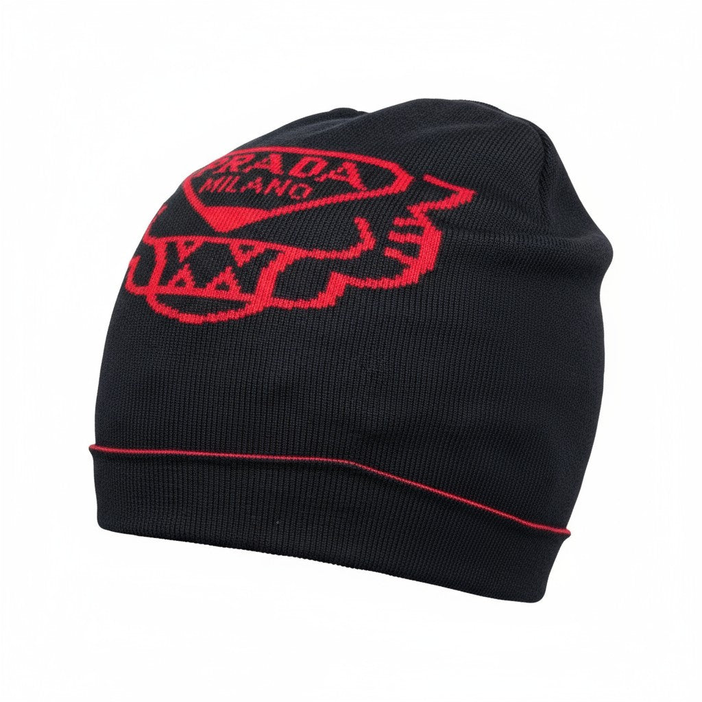 🔴 Prada Milano Black & Red Beanie | Bold Luxury Knit Winter Hat