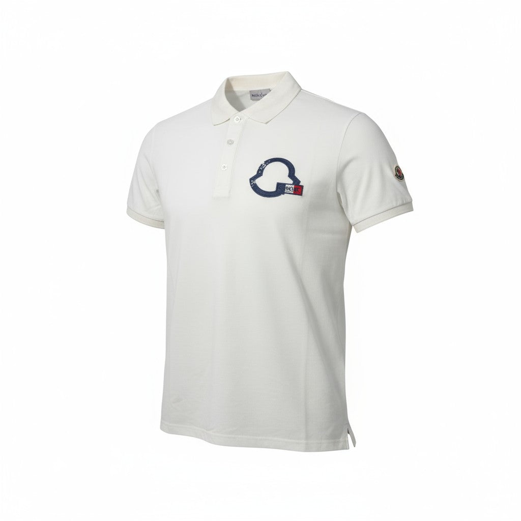 🤍 Moncler Classic Logo Polo – White with Navy Emblem & Sleeve Patch 🇮🇹✨