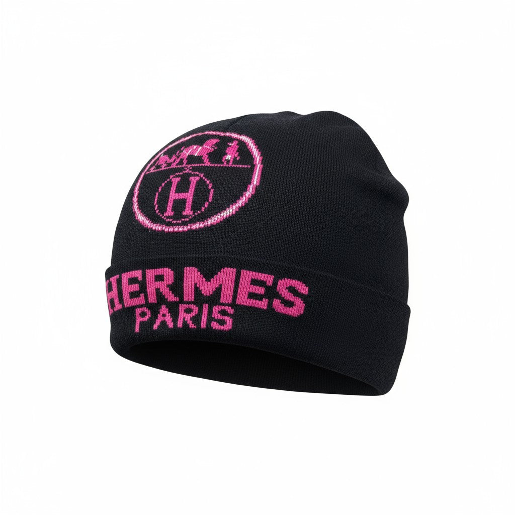 💗 Hermès Paris Black & Pink Beanie | Signature “H” Logo Knit Hat