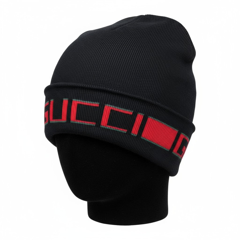 🖤 Gucci Black Knit Beanie with Red & Green Logo Trim | Iconic Winter Hat