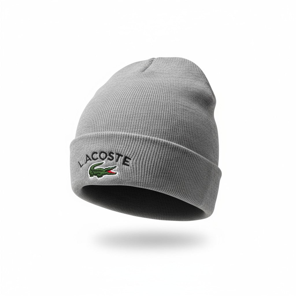 🐊 Lacoste Grey Ribbed Beanie | Classic Crocodile Logo Knit Hat