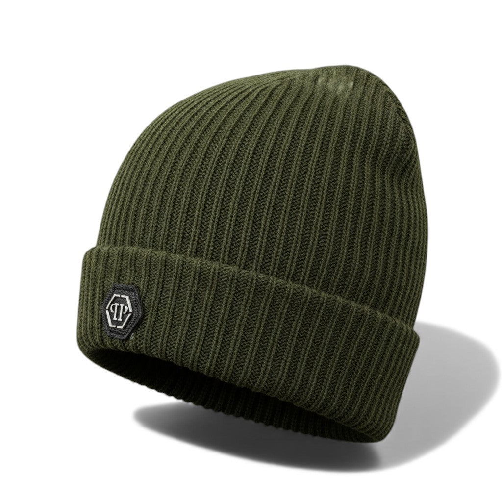 💀 Philipp Plein Army Green Beanie | Luxury Ribbed Knit Hat
