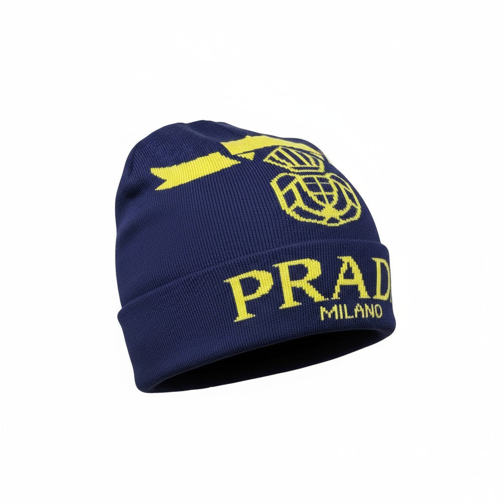 💛 Prada Milano Navy & Yellow Beanie | Luxury Knit Streetwear Hat