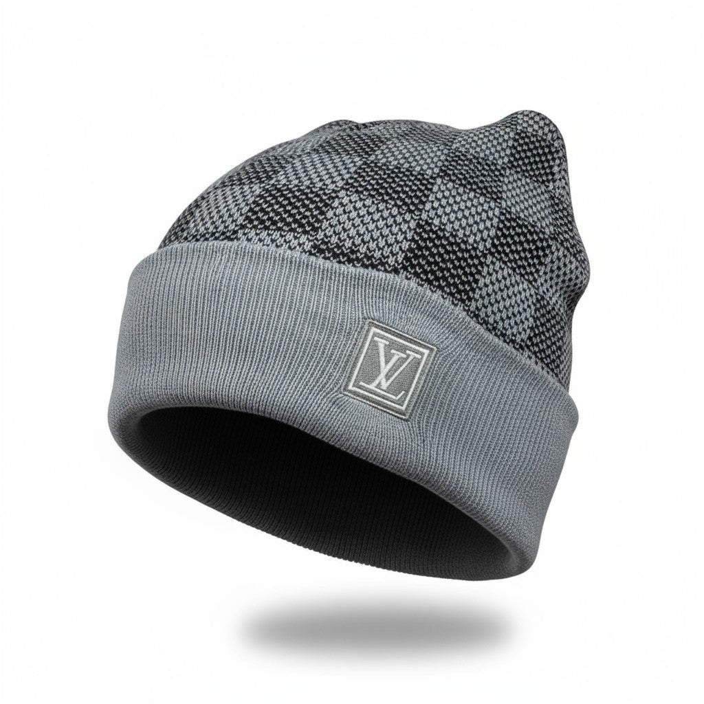🩶 Louis Vuitton Damier Knit Grey Beanie | Luxury Check Pattern Winter Hat