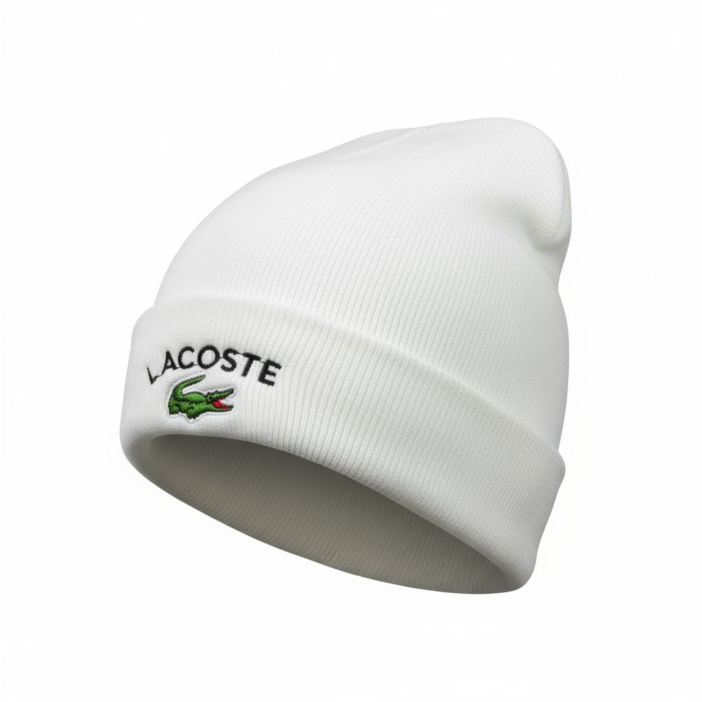 🤍 Lacoste White Ribbed Beanie | Signature Crocodile Embroidered Hat