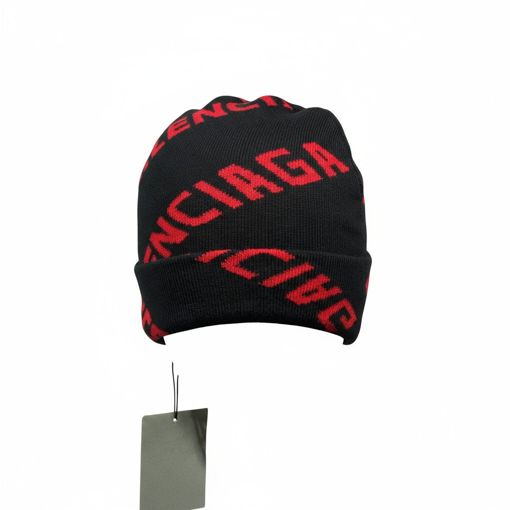 🔴 Balenciaga Black & Red Logo Beanie | Luxury Streetwear Knit Hat