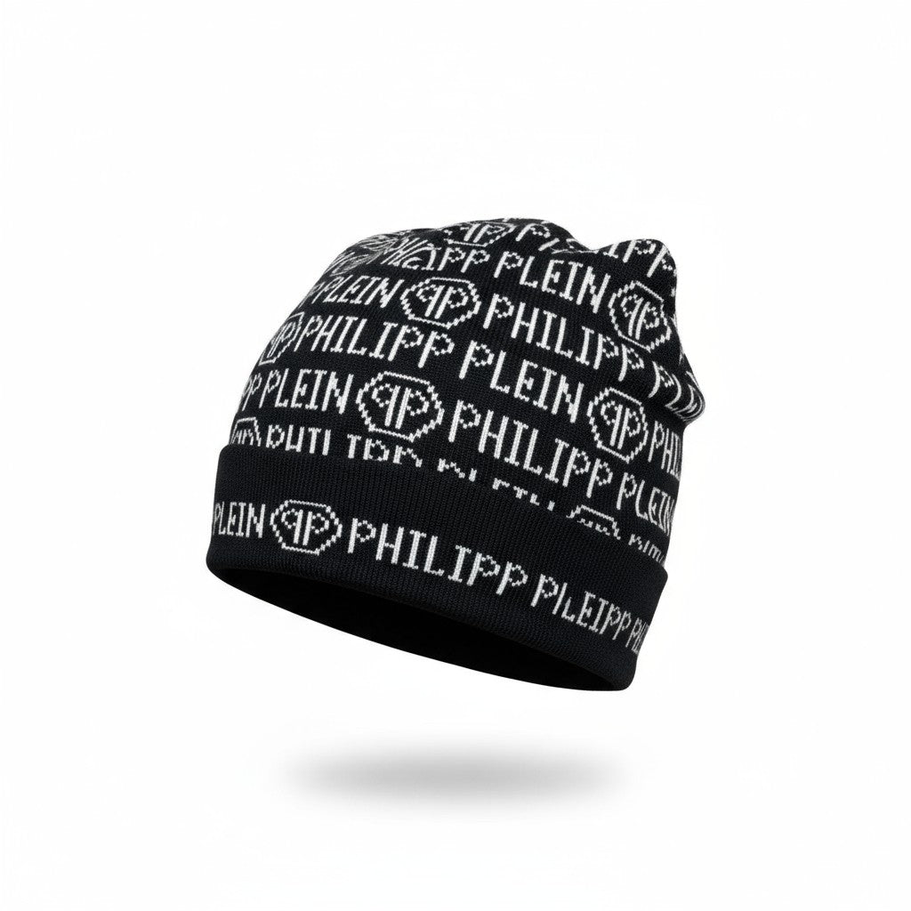 🖤 Philipp Plein Monogram Black Beanie | All-Over Logo Luxury Knit Hat