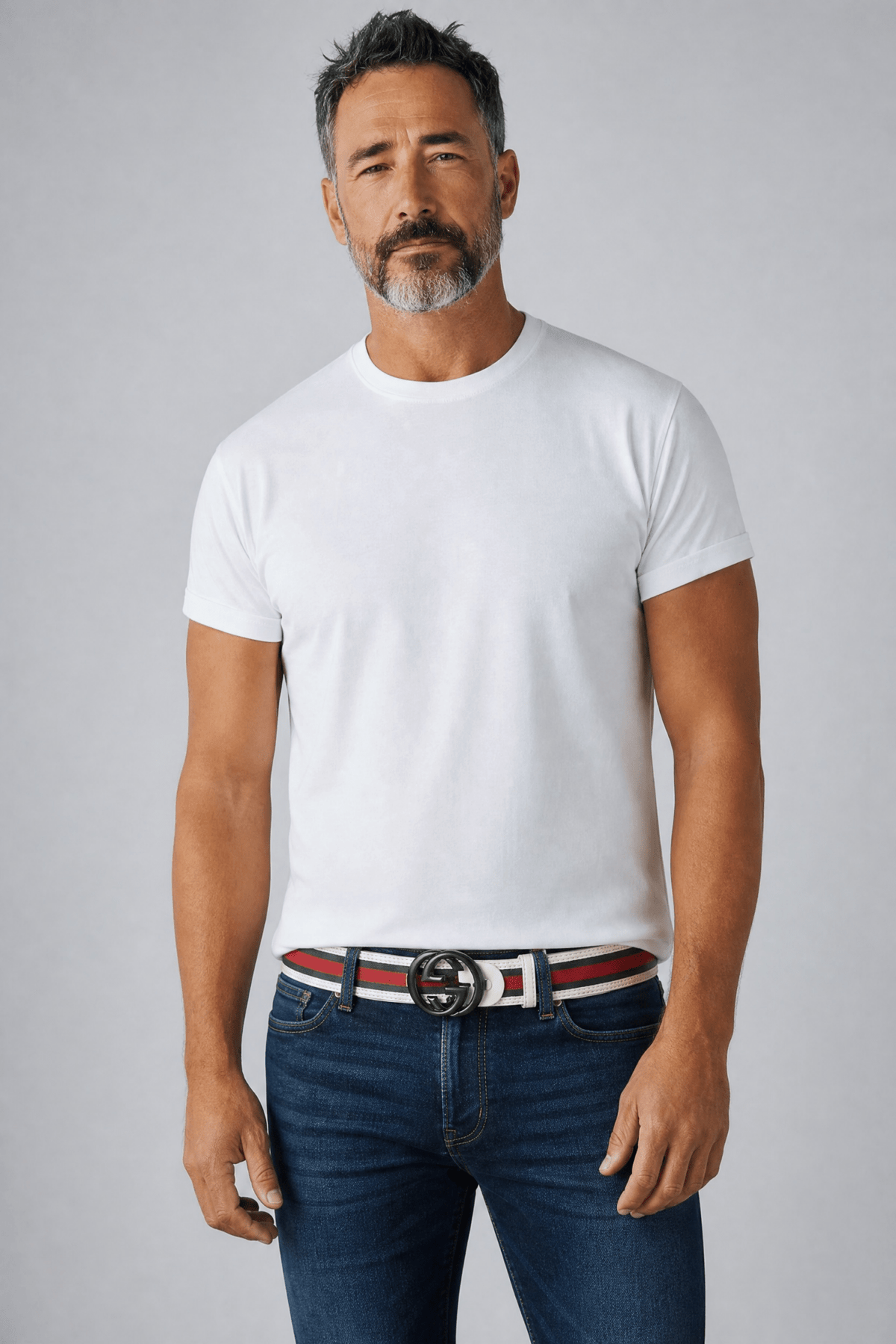 Gucci Belt with Web Stripe & Black Buckle — White - MASTERPIECE
