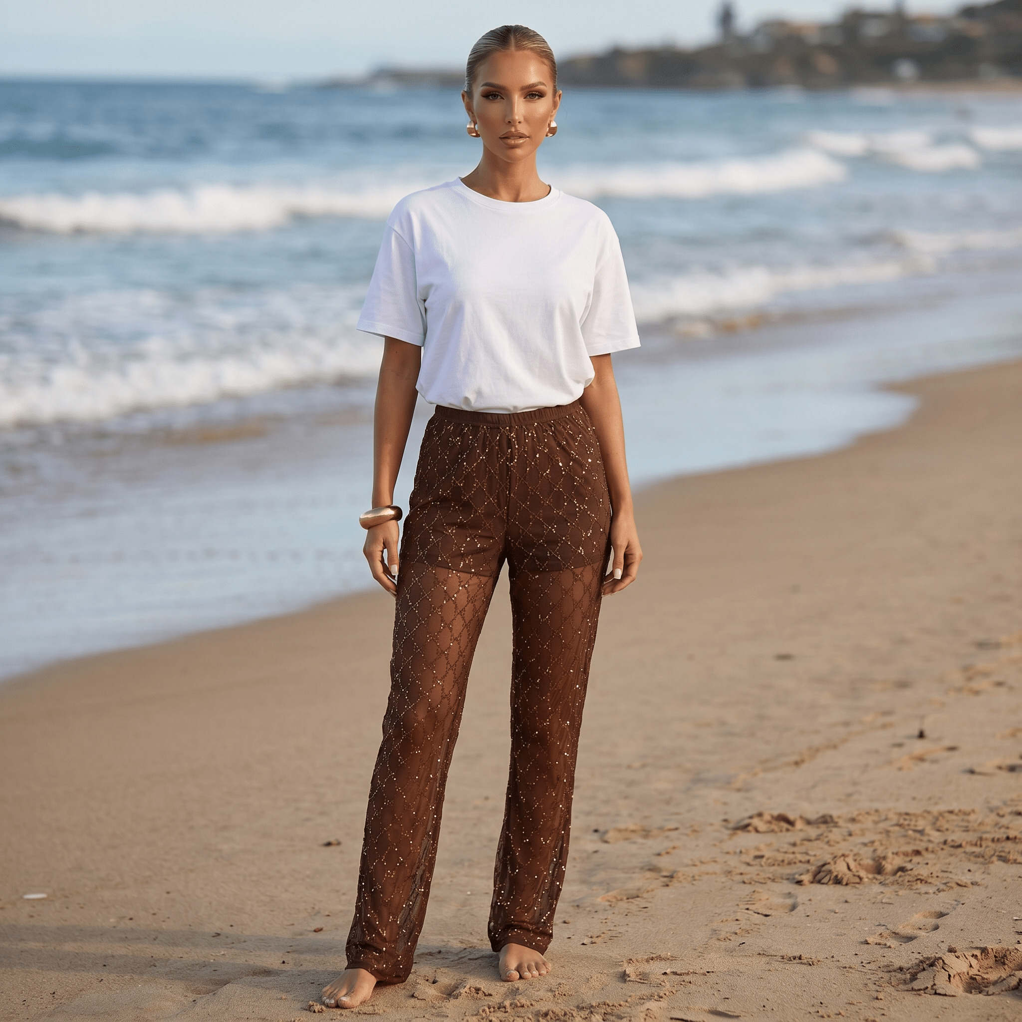 Gucci Brown Sheer Crystal Logo Pants 🤎✨ - MASTERPIECE