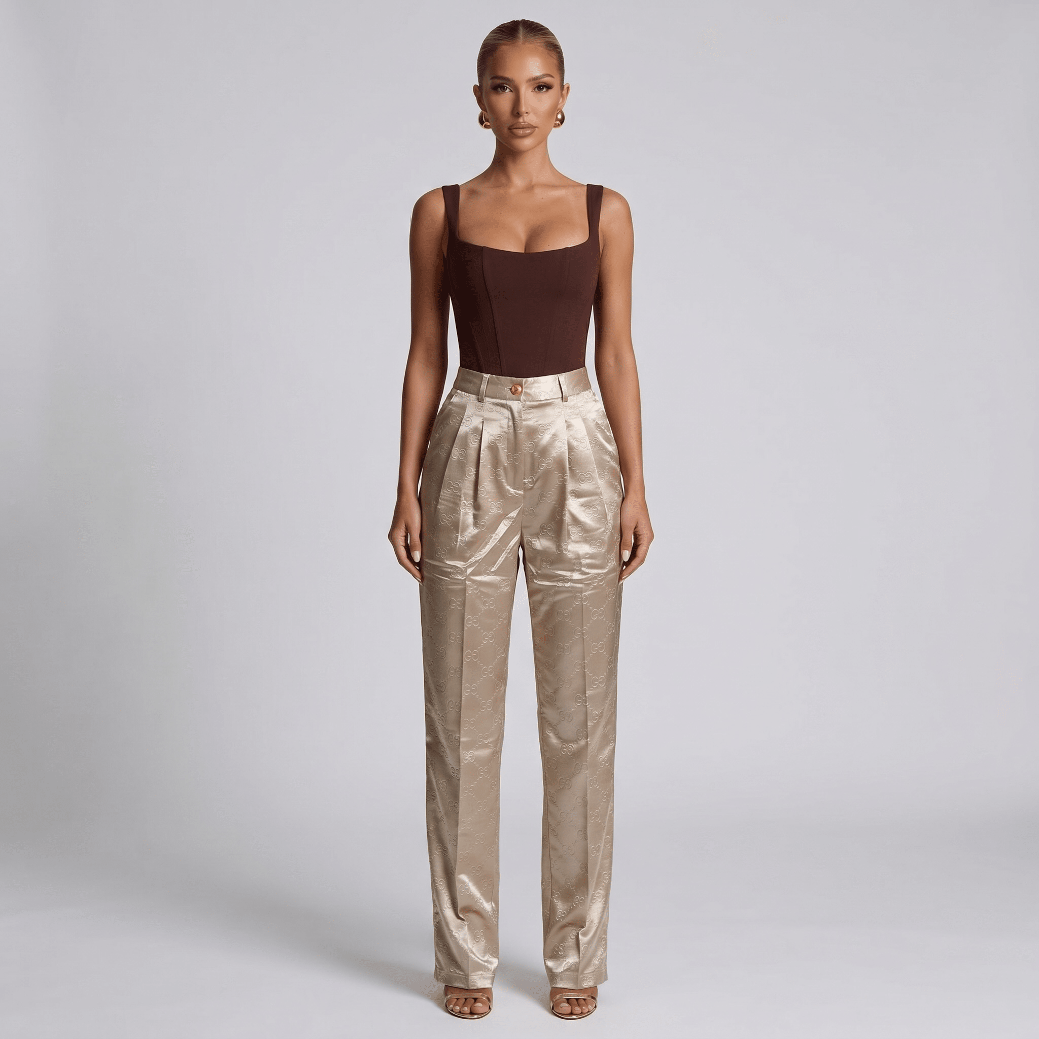 Gucci GG Monogram Satin Wide-Leg Trousers – Champagne Beige ✨🤍 - MASTERPIECE