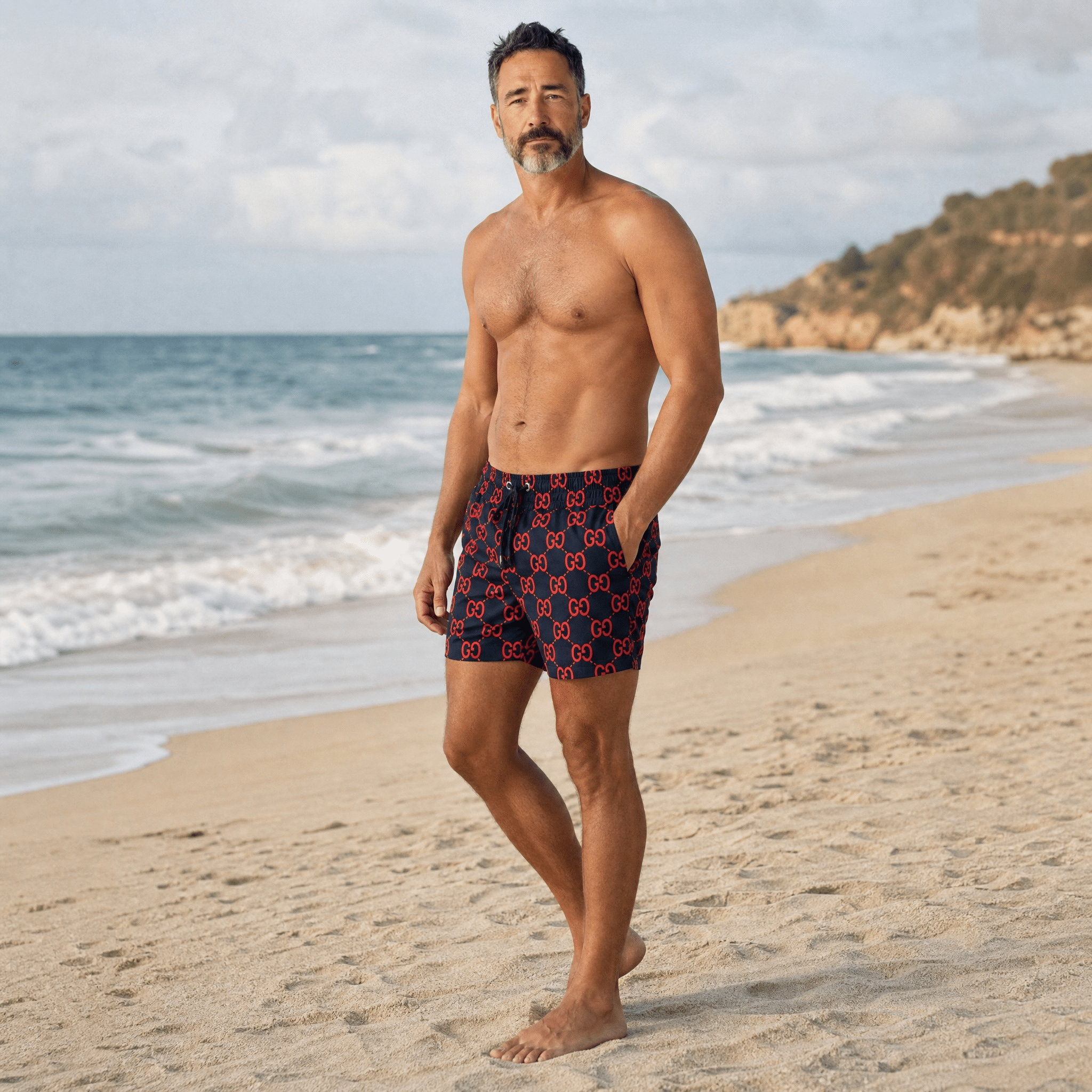 🩳 Gucci GG Monogram Swim Shorts – Navy & Red Edition 🌊🔥 - MASTERPIECE