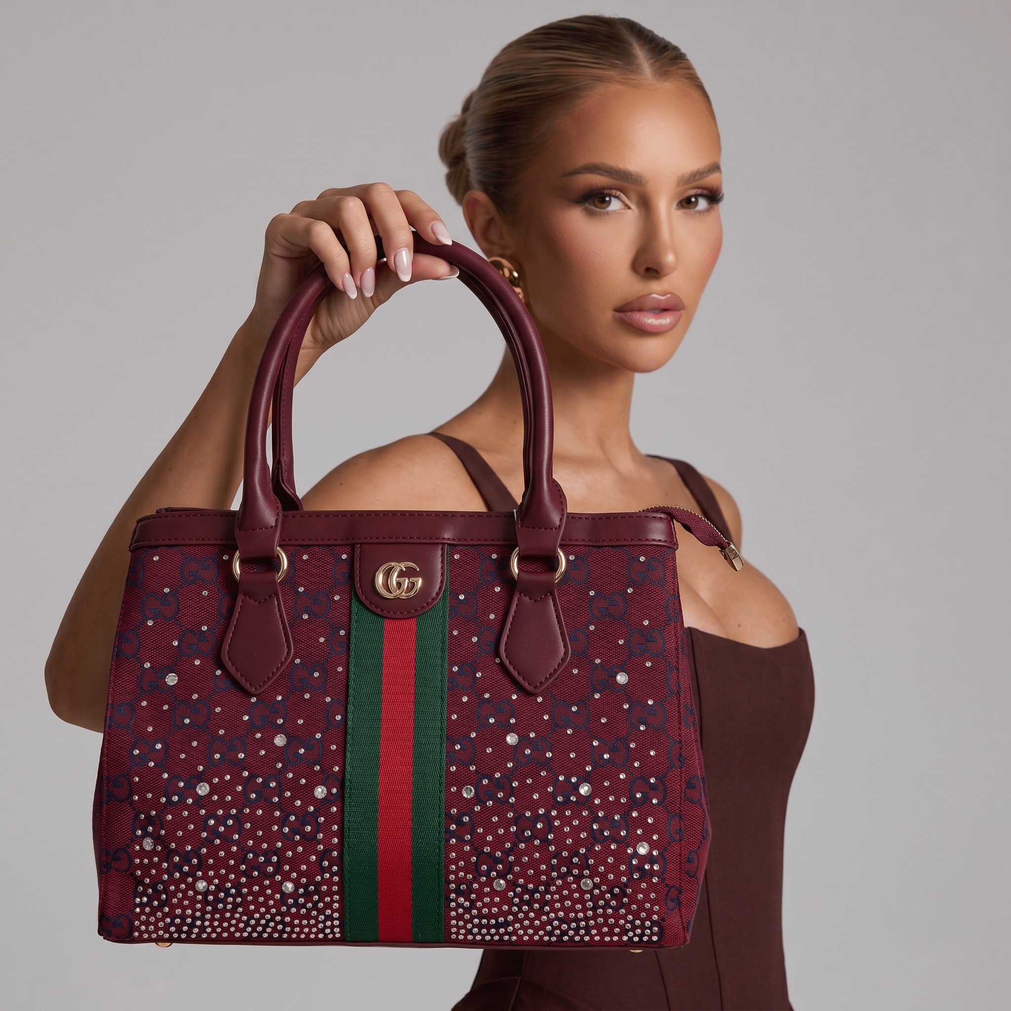 Gucci GG Studded Tote – Burgundy Canvas Web Stripe Luxury Bag ❤️✨ - MASTERPIECE