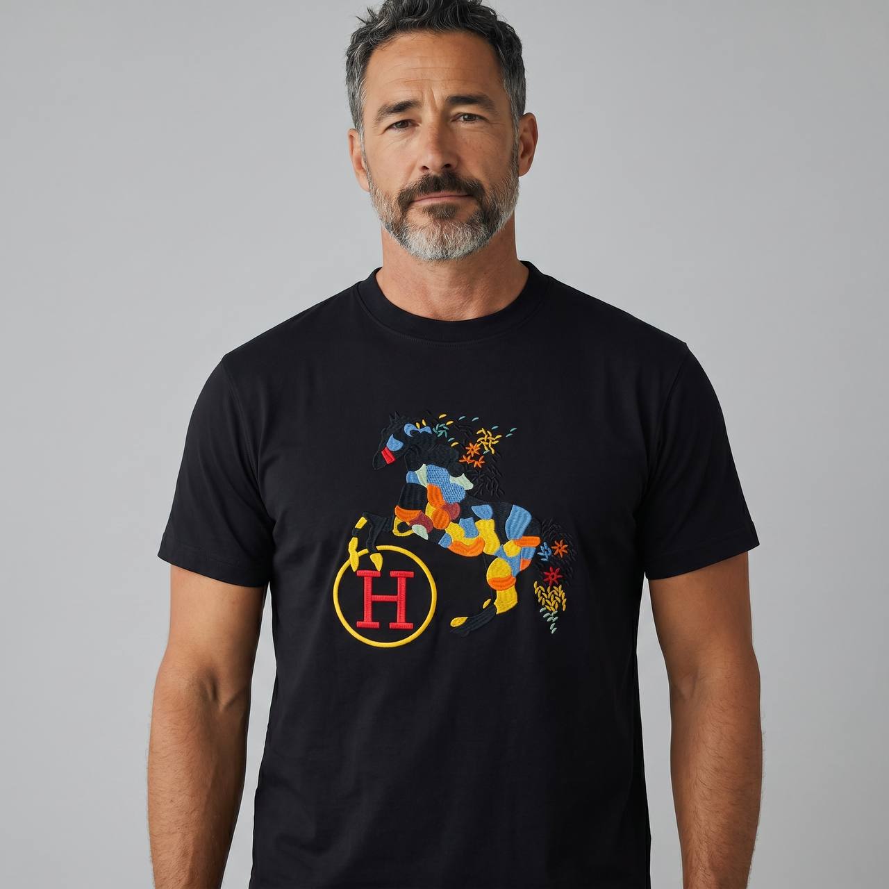 Hermès Artistic Horse Embroidered T-Shirt – Black Luxury Edition 🐎🖤 - MASTERPIECE