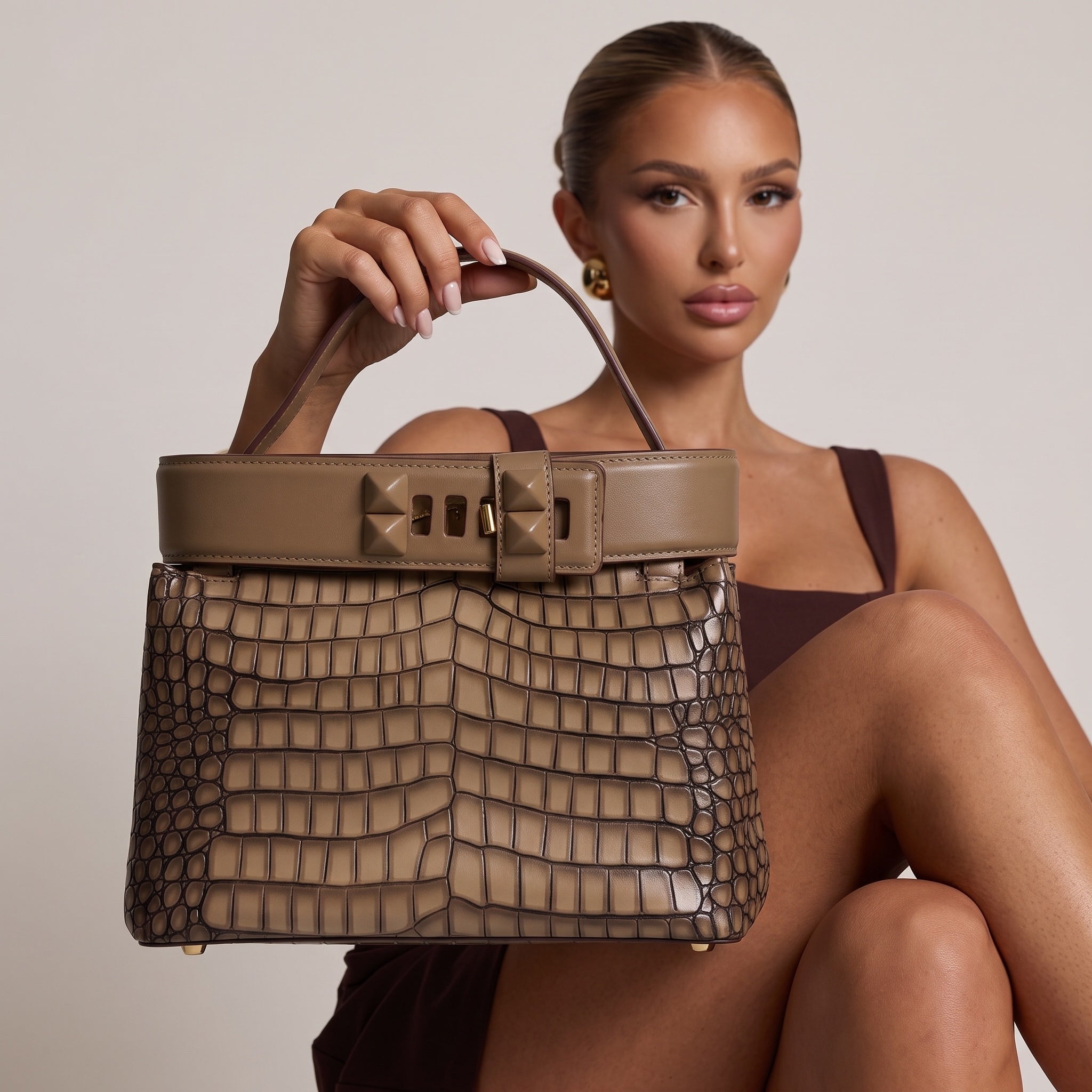 Hermès Croc-Effect Structured Top Handle Bag – Taupe - MASTERPIECE