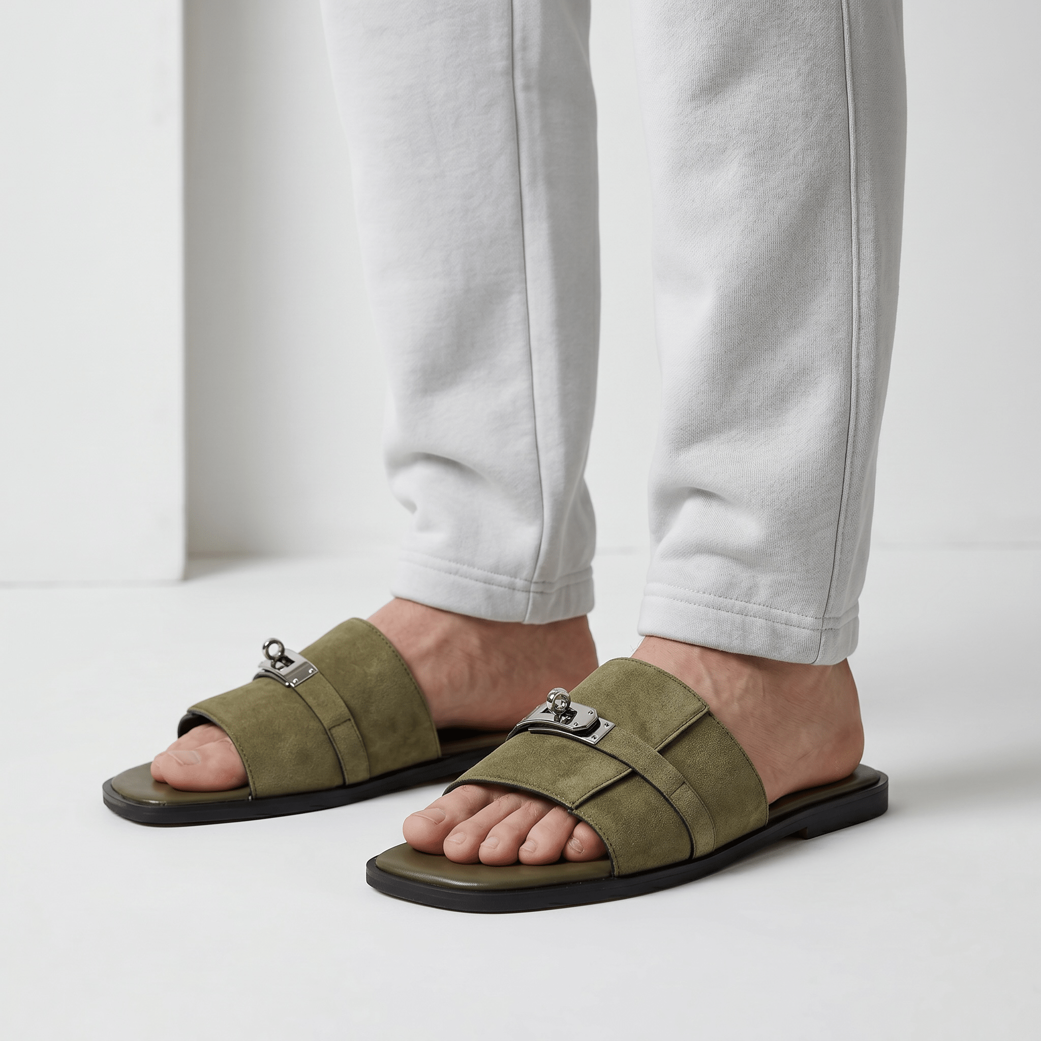 Hermès Olive Green Suede Slides 💚✨ Luxury Flat Sandals for Men - MASTERPIECE