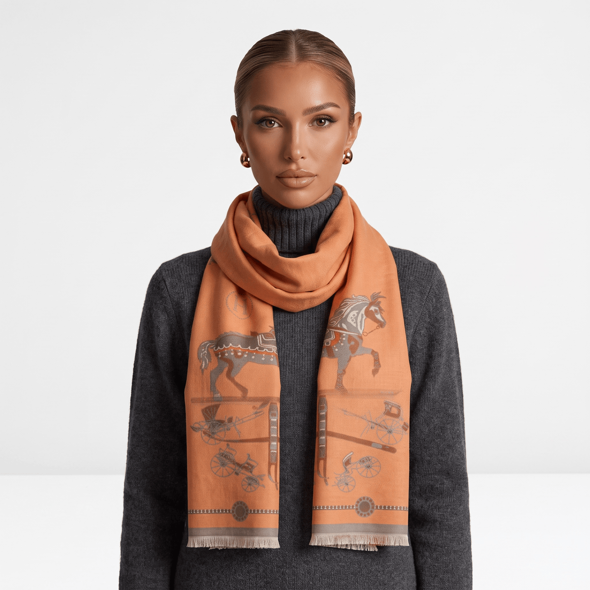 🧣 Hermès Paris Signature Scarf – Grey & Orange Luxury Statement ✨ - MASTERPIECE