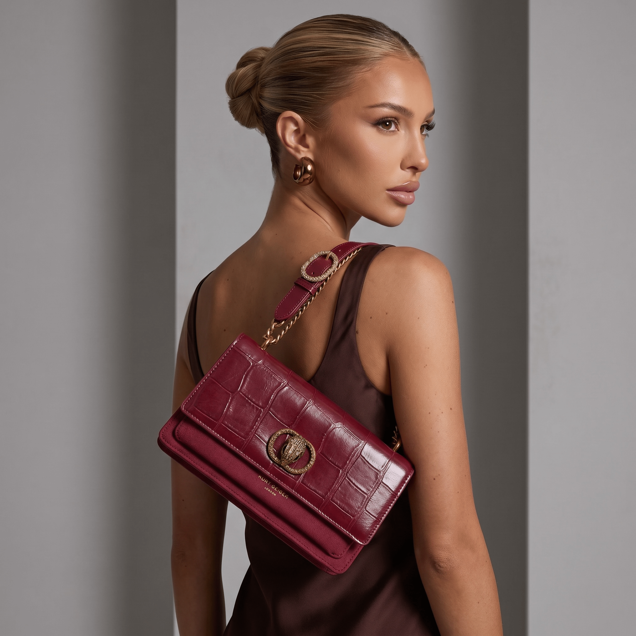 ❤️ Kurt Geiger Croc-Embossed Shoulder Bag – Burgundy Luxury Edition ✨ - MASTERPIECE