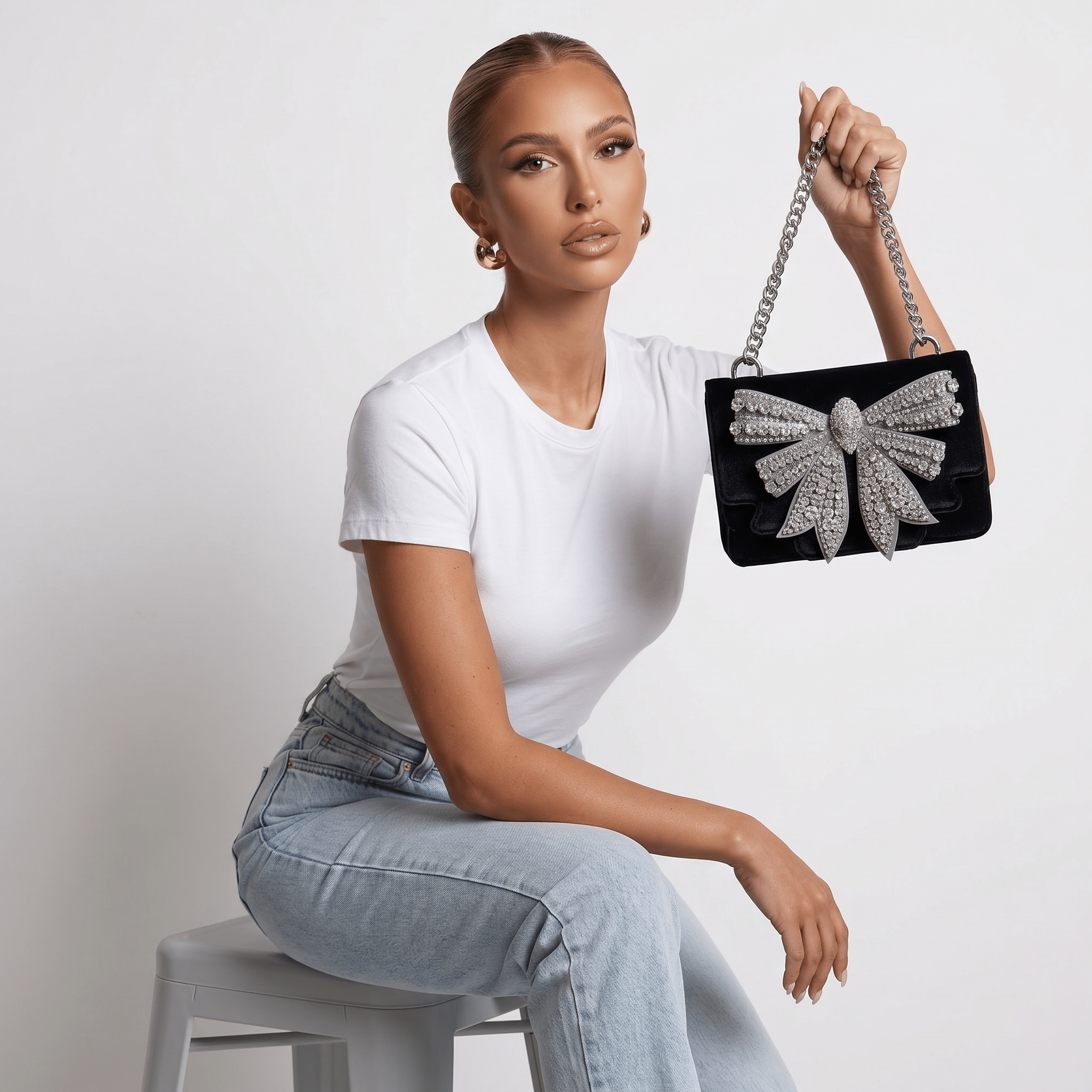 ✨ Kurt Geiger Crystal Bow Velvet Crossbody Bag – Black & Silver Edition ✨ - MASTERPIECE