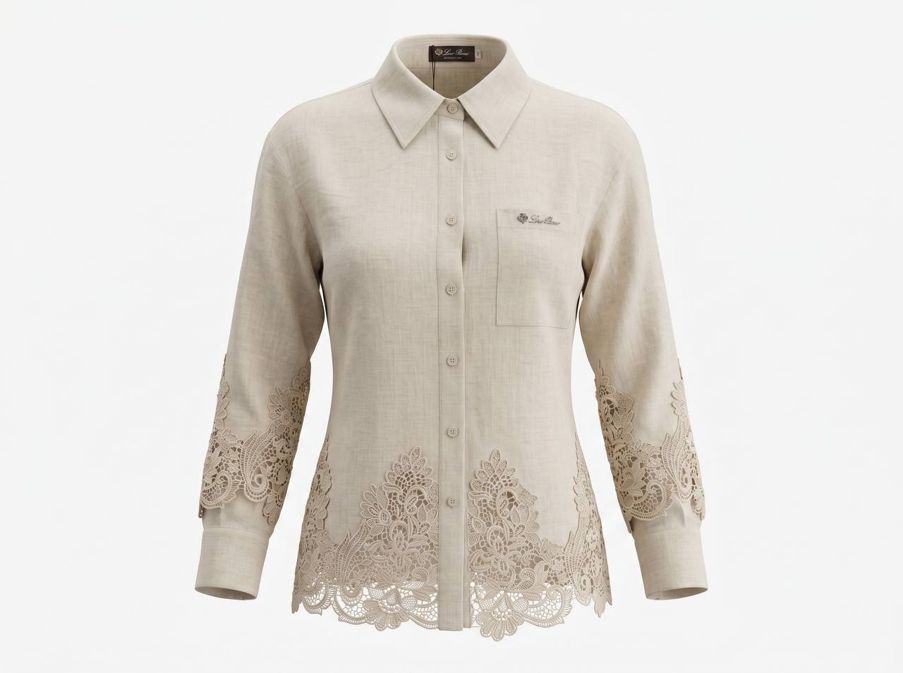 🤍 Loro Piana Beige Linen Lace Full Set – Shirt & Wide-Leg Pants ✨ - MASTERPIECE