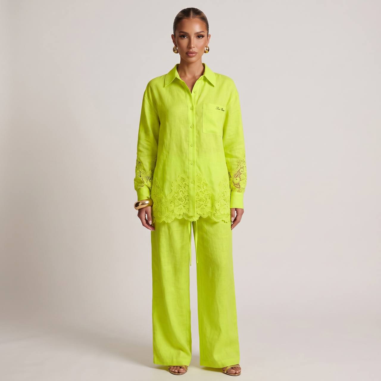 💚 Loro Piana Lime Green Linen Lace Full Set – Shirt & Wide-Leg Pants ✨ - MASTERPIECE