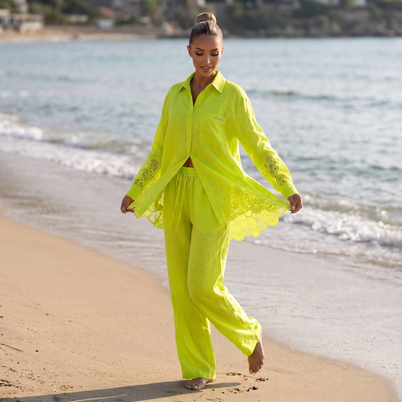 💚 Loro Piana Lime Green Linen Lace Full Set – Shirt & Wide-Leg Pants ✨ - MASTERPIECE