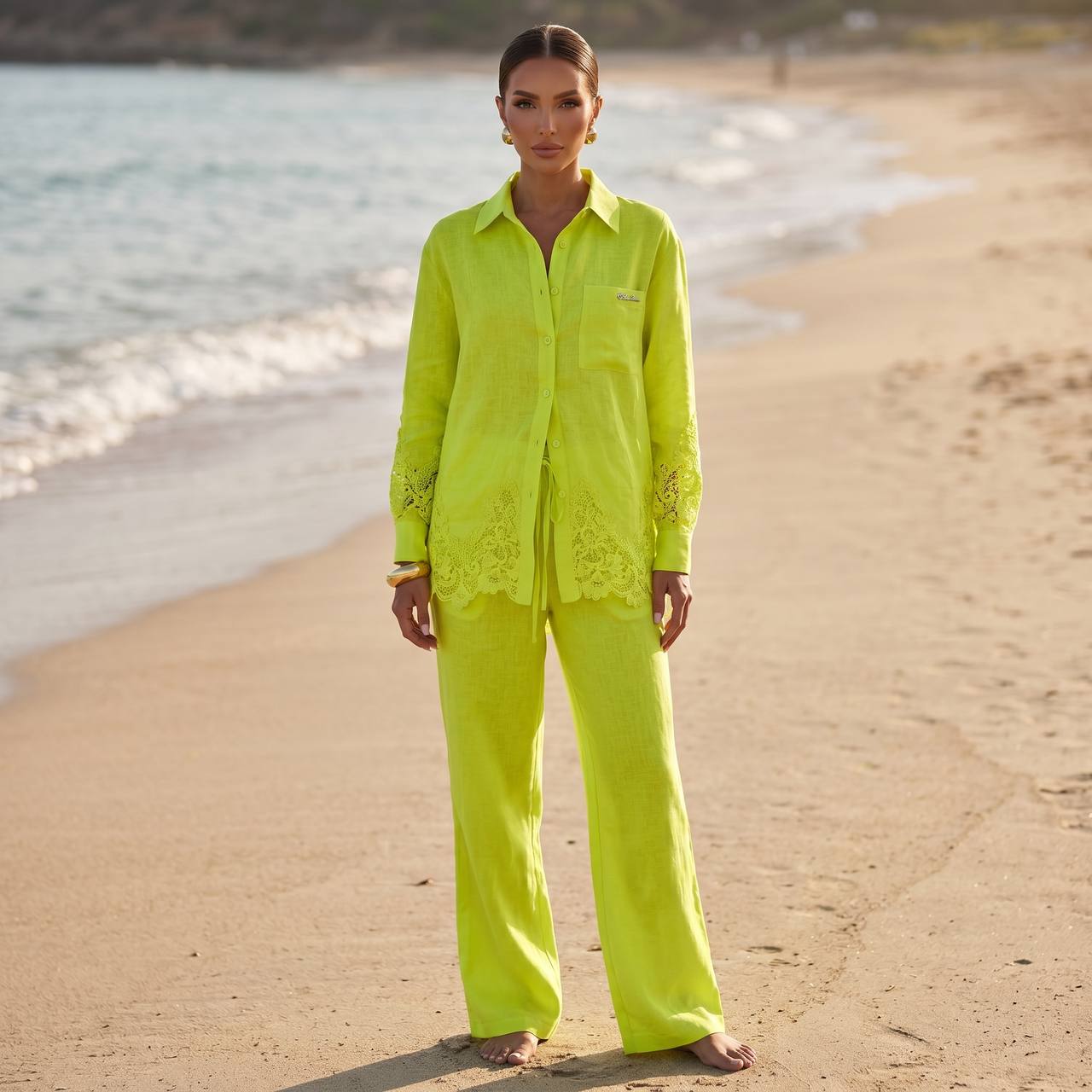 💚 Loro Piana Lime Green Linen Lace Full Set – Shirt & Wide-Leg Pants ✨ - MASTERPIECE
