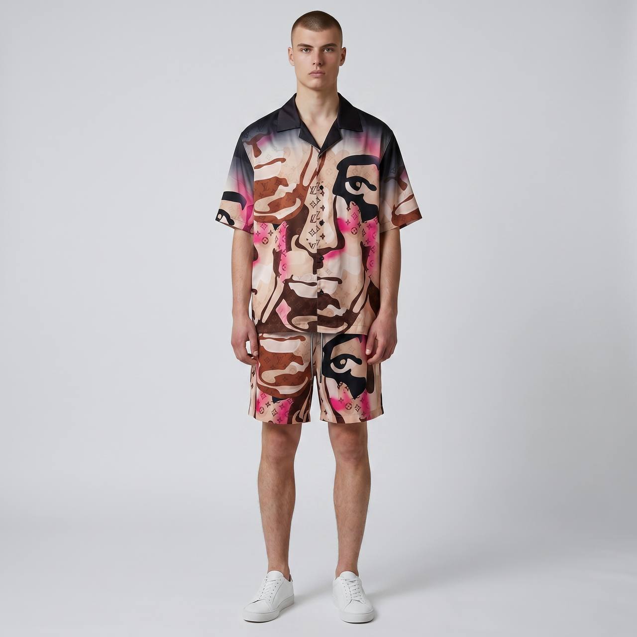 🎨 Louis Vuitton Artistic Face Print Set – Statement Summer Co - Ord 🔥🩳 - MASTERPIECE