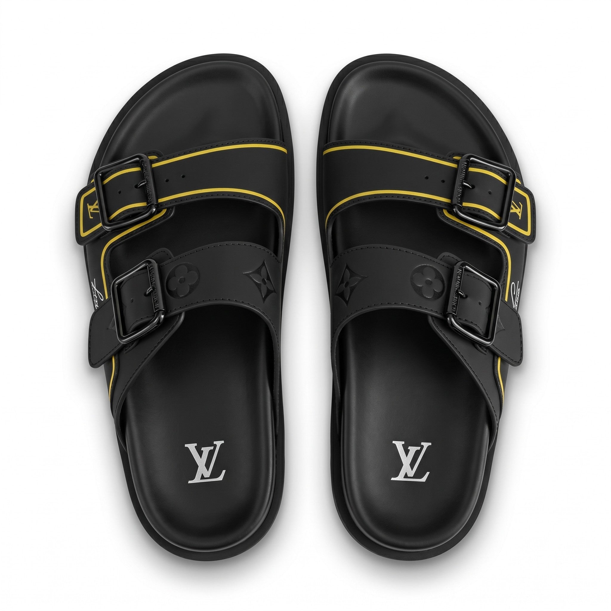 Louis Vuitton Black & Gold Double Buckle Luxury Slides - MASTERPIECE