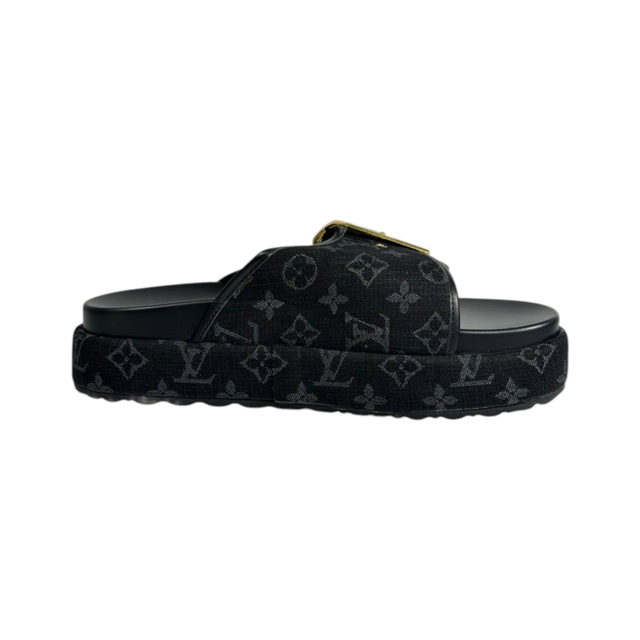 Louis Vuitton Black Monogram Buckle Slides – Luxury Platform Sandals 🖤✨ - MASTERPIECE