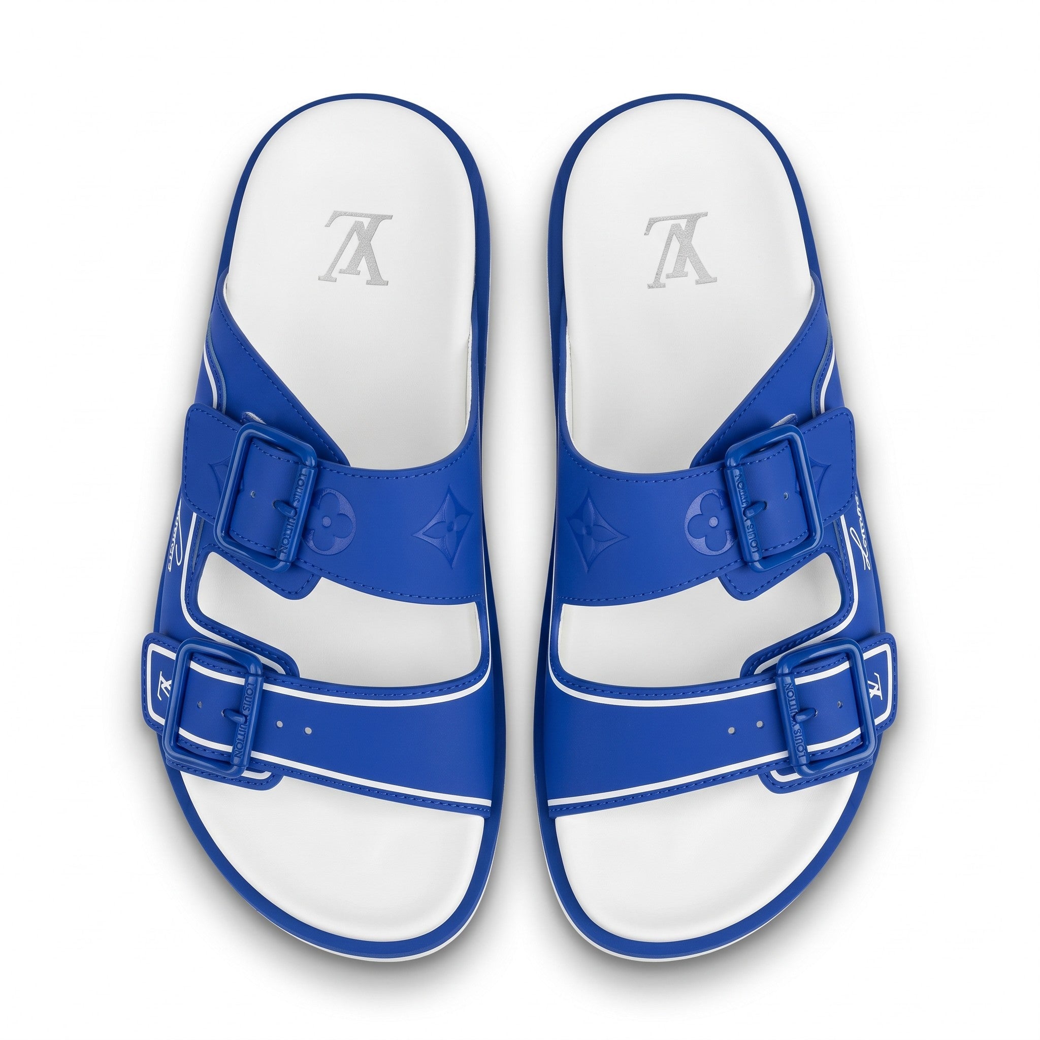 Louis Vuitton Blue Monogram Double Buckle Slides - MASTERPIECE