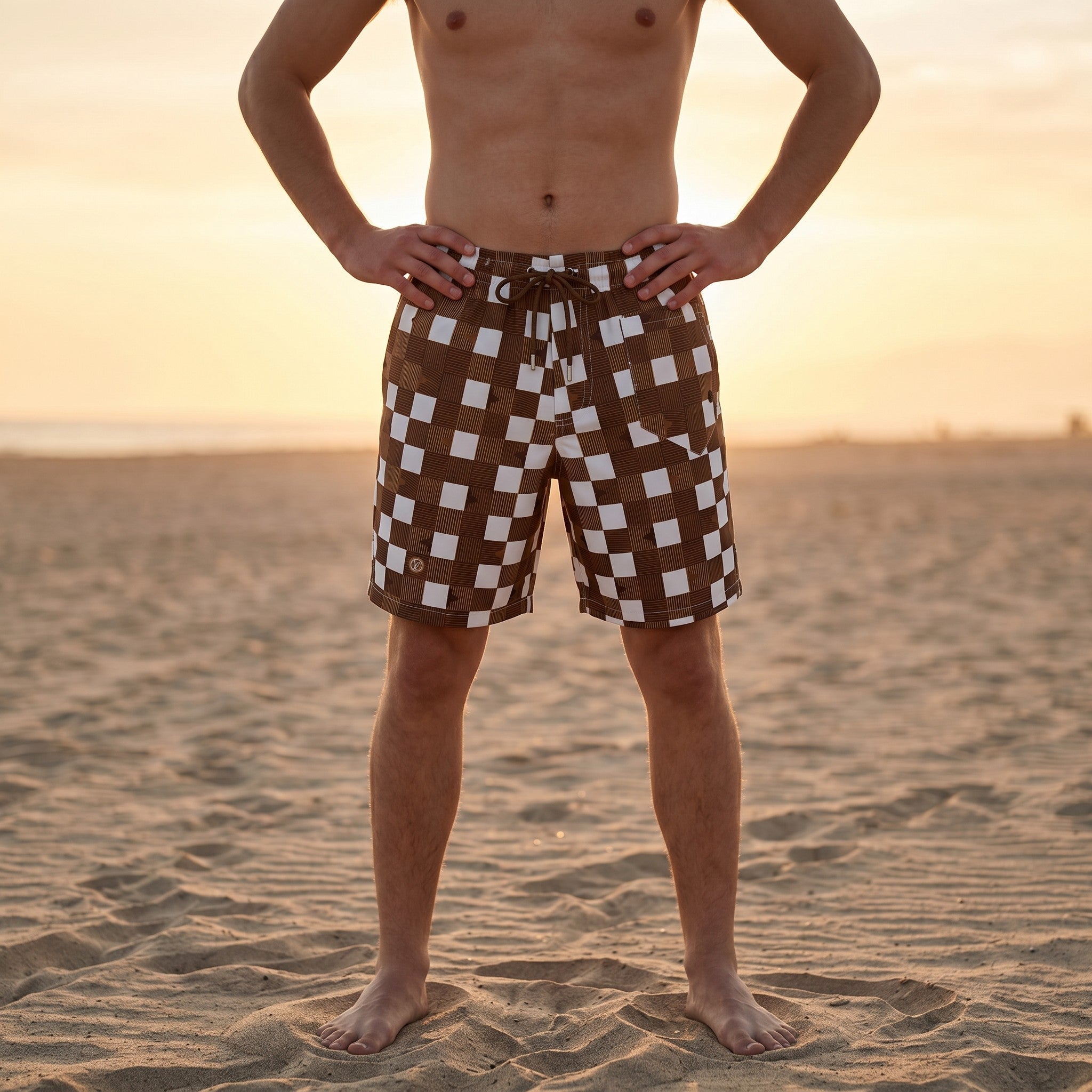 Louis Vuitton Damier Check Swim Shorts – Brown & White 🏖️🤎🤍 - MASTERPIECE