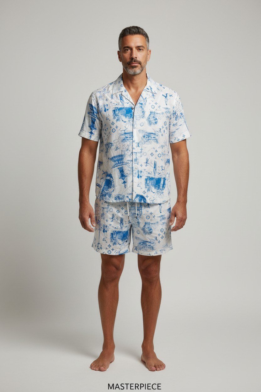 Louis Vuitton Inspired Beach Resort Co-Ord Set for Men – Luxury Monogram Printed Summer Shirt & Shorts Outfit 🌊✨ - MASTERPIECE