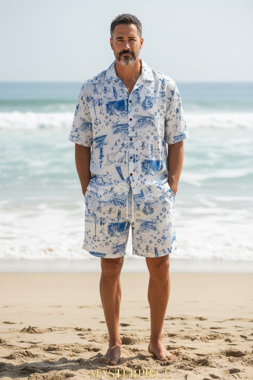 Louis Vuitton Inspired Beach Resort Co-Ord Set for Men – Luxury Monogram Printed Summer Shirt & Shorts Outfit 🌊✨ - MASTERPIECE