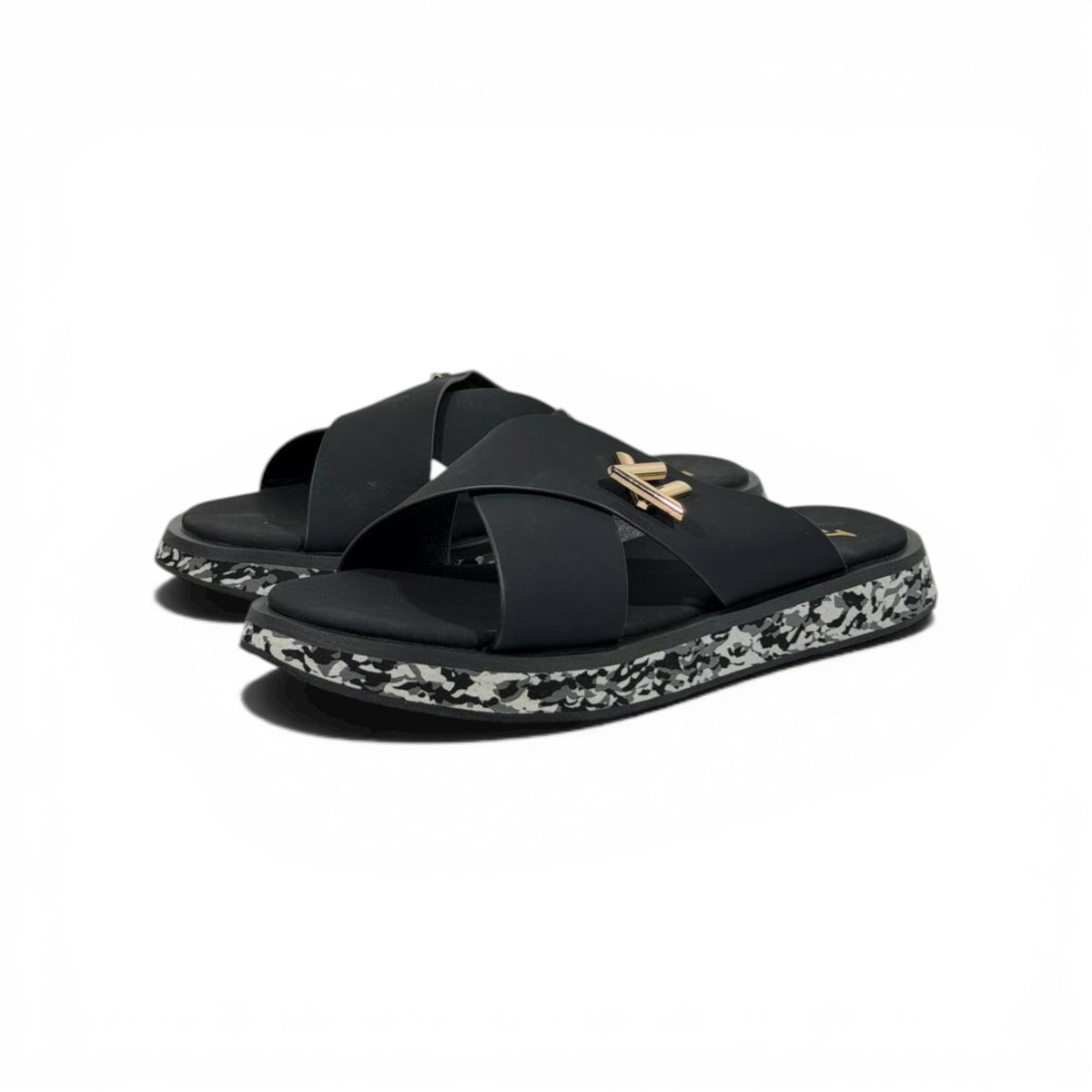 LOUIS VUITTON Luxury Black Cross Strap Sandals – LV Logo Detail & Marble Sole Design 👡✨ - MASTERPIECE