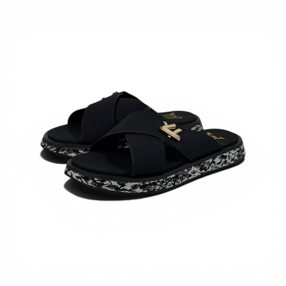 LOUIS VUITTON Luxury Black Cross Strap Sandals – LV Logo Detail & Marble Sole Design 👡✨ - MASTERPIECE