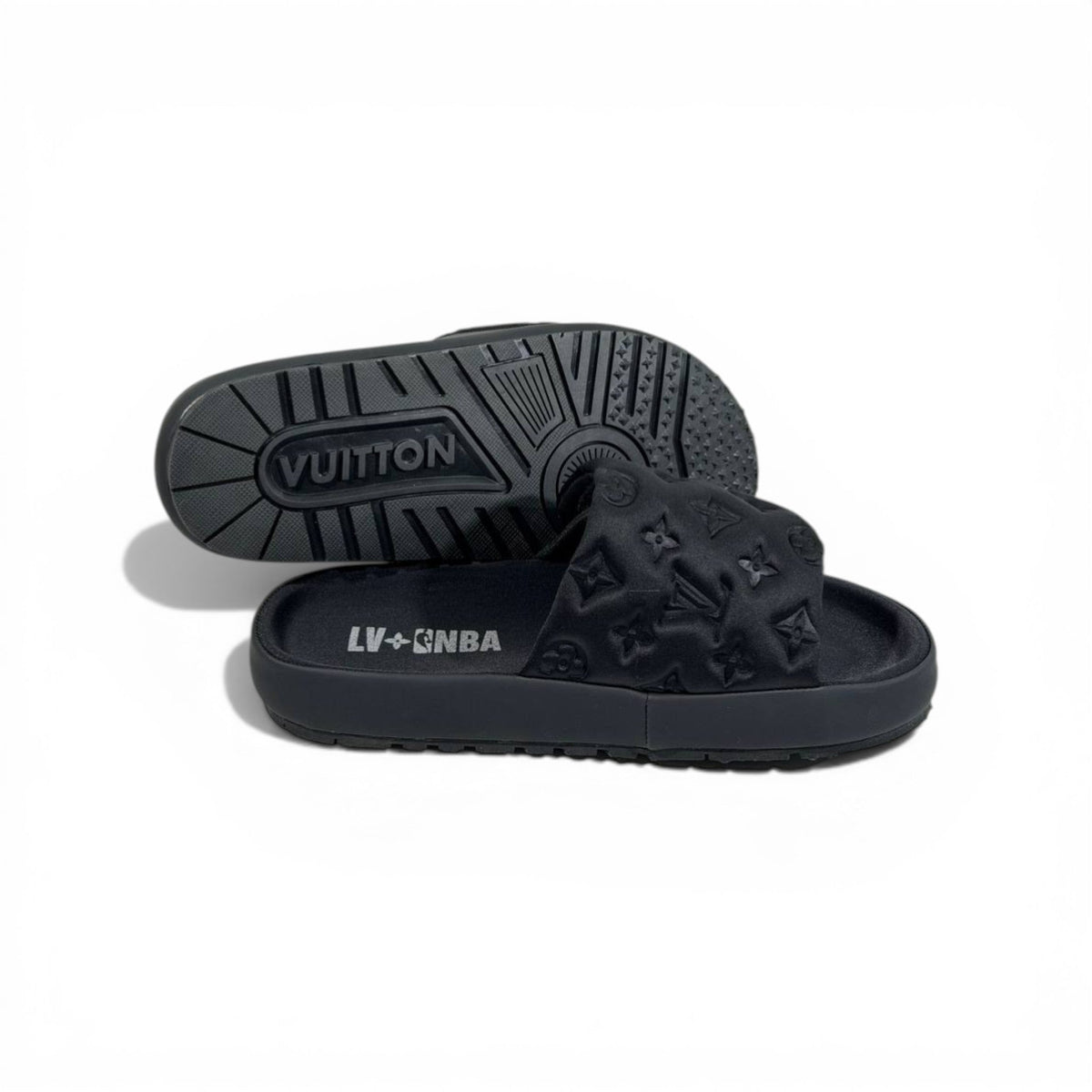 LOUIS VUITTON Luxury Black Monogram Slide Sandals – Embossed Design & Minimal Premium Style 👟 - MASTERPIECE