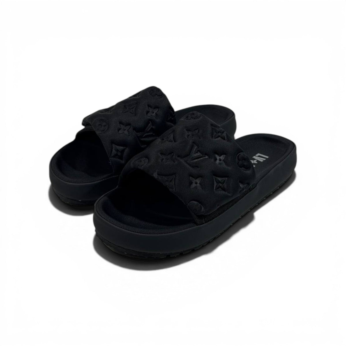 LOUIS VUITTON Luxury Black Monogram Slide Sandals – Embossed Design & Minimal Premium Style 👟 - MASTERPIECE