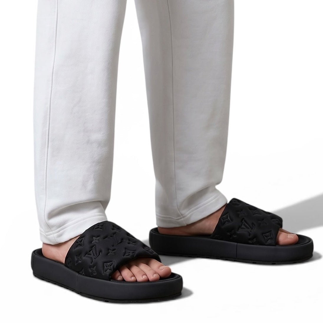 LOUIS VUITTON Luxury Black Monogram Slide Sandals – Embossed Design & Minimal Premium Style 👟 - MASTERPIECE