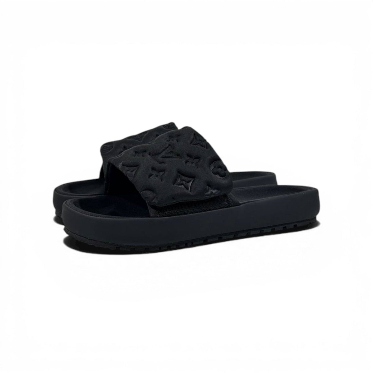LOUIS VUITTON Luxury Black Monogram Slide Sandals – Embossed Design & Minimal Premium Style 👟 - MASTERPIECE
