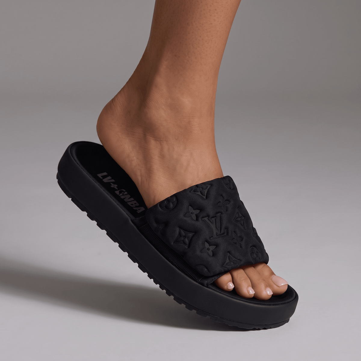 LOUIS VUITTON Luxury Black Monogram Slide Sandals – Embossed Design & Minimal Premium Style 👟 - MASTERPIECE