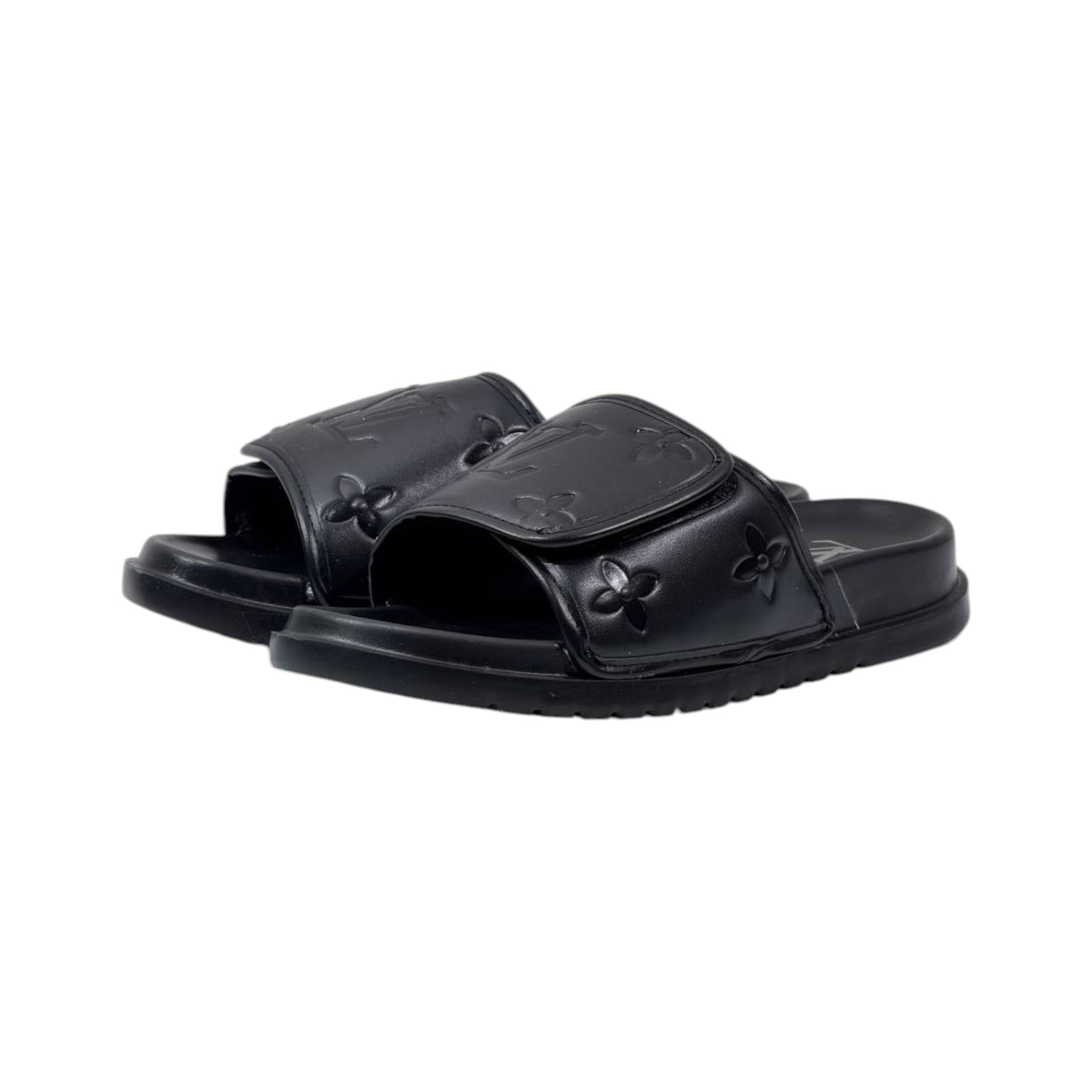 🖤 Louis Vuitton Monogram Embossed Comfort Slides – All Black Edition - MASTERPIECE
