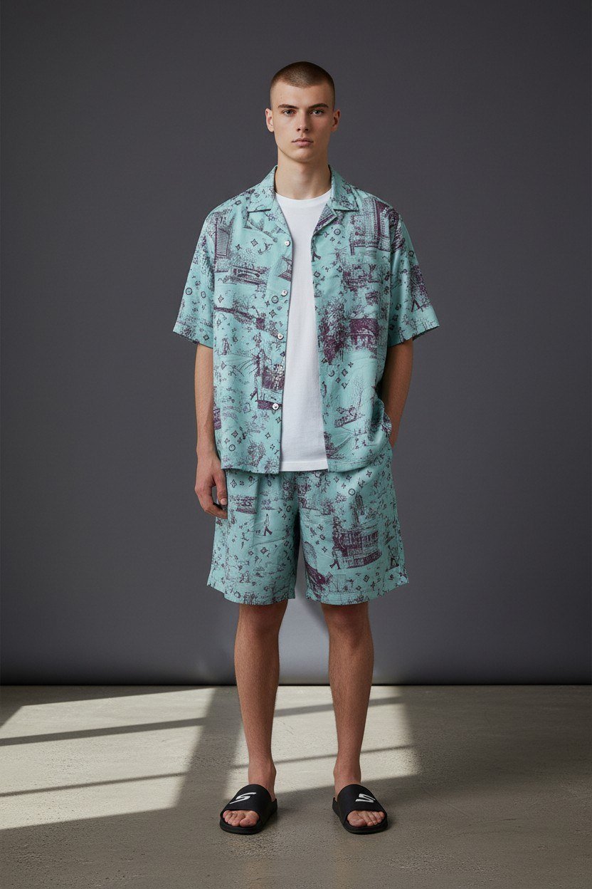 Louis Vuitton Monogram Resort Co-Ord Set for Men – Mint Green Luxury Summer Outfit 🌴✨ - MASTERPIECE