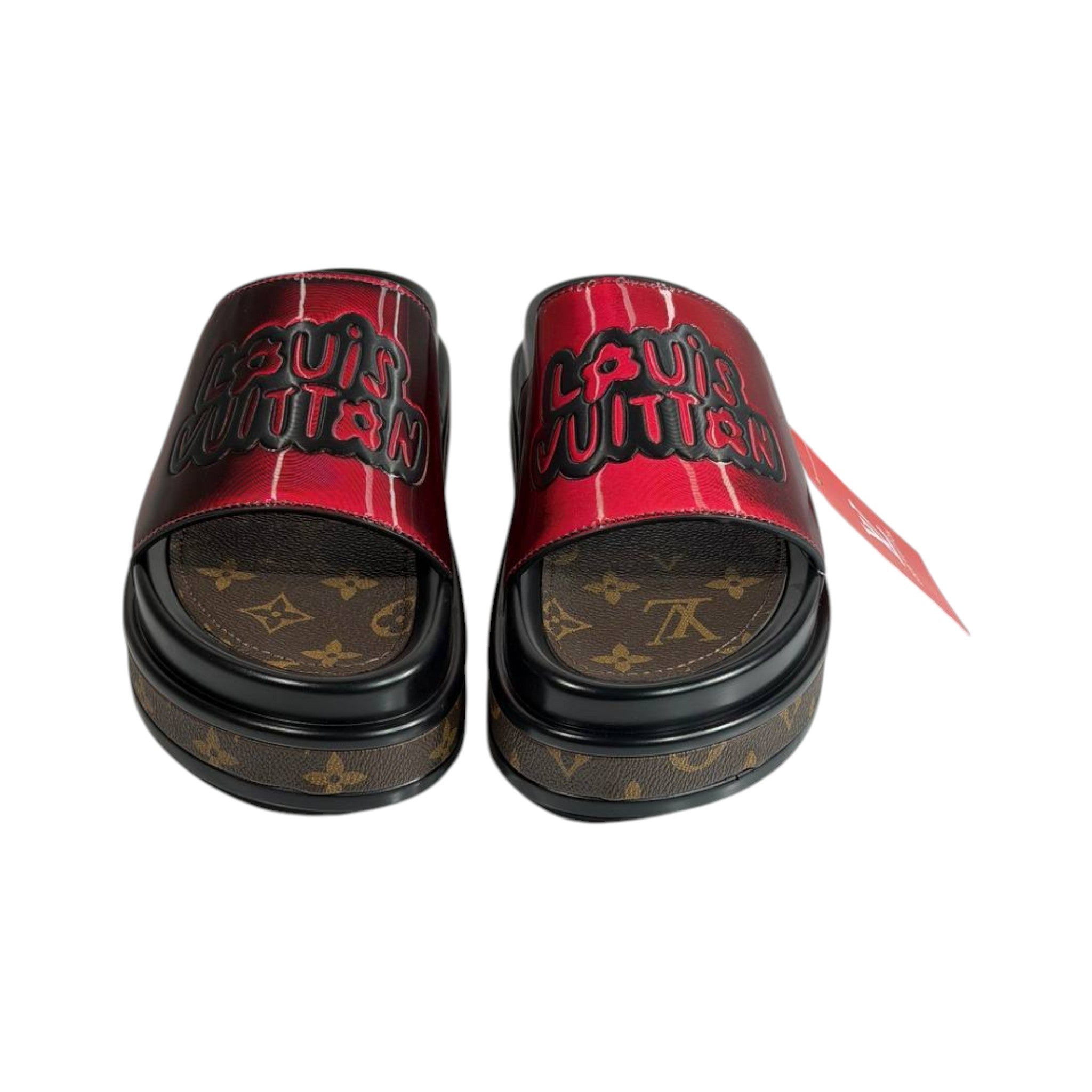 Louis Vuitton Red Platform Slides – Luxury Monogram Statement Sandals ❤️👡 - MASTERPIECE