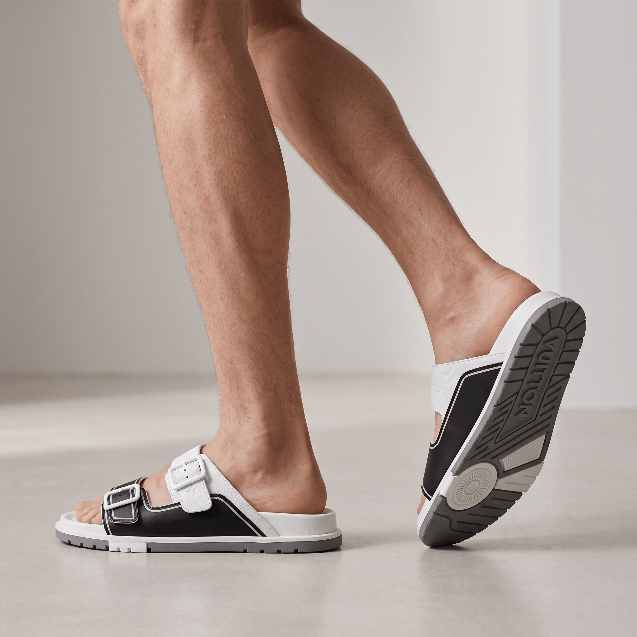Louis Vuitton White & Black Double Buckle Luxury Slides - MASTERPIECE